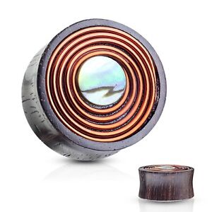 PAIR-Wood w/Mother of Pearl/Copper Saddle Flare Ear Plugs 19mm/3/4" Gauge Body J