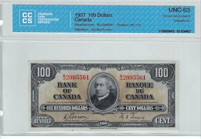 1937 BOC BC-27b Gor/Tow $100 SN# B/J 2995561, CCCS CH UNC 63 cambio Foto 1 de 2