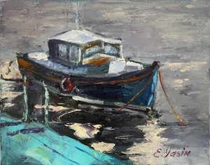 Boat oil painting Seascape Original art Fisherman gift Hand painted Canvas - Picture 1 of 10