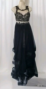 Say Yes to the Prom Dress Black & Cream Faux 2 piece Altered hi low Size 1/2 - Picture 1 of 6