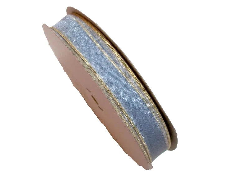 Sheer Light Blue Organza Ribbon 5/8" x 10 yards Metallic Gold Edge Schiff B19 - Image 1 of 4