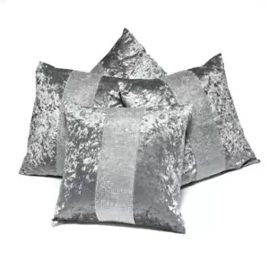 Set of 4 Silver & Grey Diamante Sparkle Crushed Velvet 18 inch Cushion Covers - Picture 1 of 3