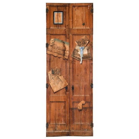19th Century French Antique Scrubbed Pine Trompe L'oeil Decorated Doors Cover