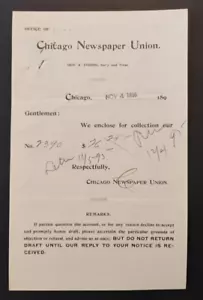 1896 Chicago Zeitung Union Billhead Rechnung Chicago, Illinois - Bild 1 von 1