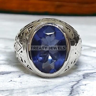 Piedra preciosa de zafiro azul de corte ovalado con anillo de plata de ley 925 para hombre #A209 * Foto 1 de 4