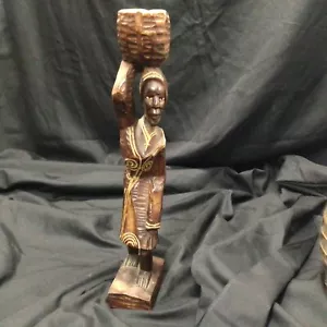 Wooden Statue of Haitian Woman Carrying Basket of Grain On Her Head 11X3.5X1.5" - Picture 1 of 10