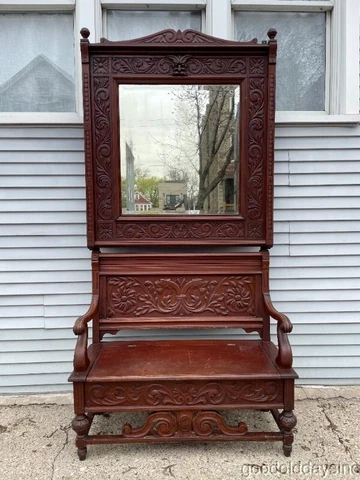 Antique Carved Mahogany Hall Tree w/ Storage Bench & Large Beveled Mirror Cover