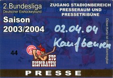 2) Ticket Eishockey ETC Eispiraten Crimmitschau - ESV Kaufbeuren 2.4. 2004 Adler