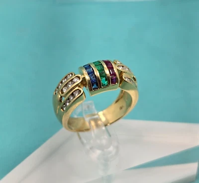 18K Yellow Gold 0.25Ct Diamonds Ruby Sapphire Emerald Ring US Size 6.75 - Image 1 of 4