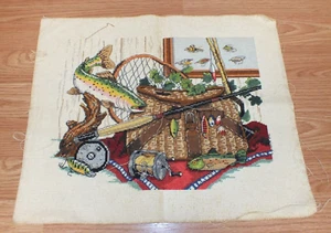 Vintage ungerahmte Angelgeräte Köder fertig Kreuzstich Wandkunst Projekt - Bild 1 von 8