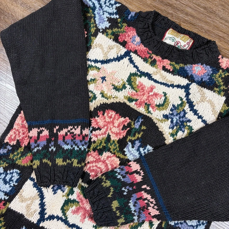 Vintage Crystal Kobe Sweater Women's S Black Oversized Floral Knit Grandma 90s - Image 1 of 4