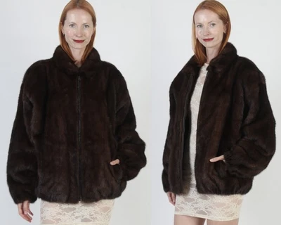 Vintage Mahogany Mink Bomber Jacket Unisex Real Fur Collar Winter Waist Coat XL - Image 1 of 4