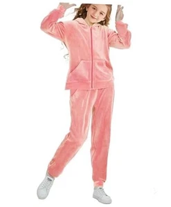 Girls Velour Tracksuit Sweatsuits Set 2 Piece Outfits Zip Up Hoodies 4-5T Pink - Picture 1 of 7