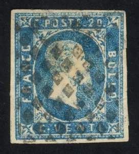 Sardinia Italy Stamp 1851 20c King Victor Emmanuel II Sc #2 Genuine w Faults - Picture 1 of 3