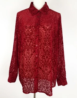 Blusa Covington Damasco Terciopelo Burnout Botón Delantero Manga Larga Mujer Grande Roja Foto 1 de 4