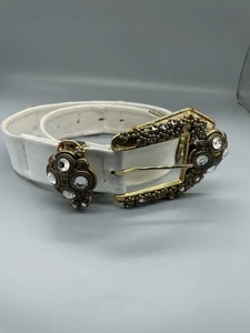 Vintage St. Maarten Dallas pelle bianca? CINTURA Fibbia impreziosita oro 28-32 pollici S - Foto 1 di 10