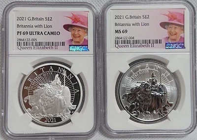 2021 Great Britain Britannia 1oz Silver 2-Coin Set NGC PF69 Ultra Cameo & MS69 - Image 1 of 4