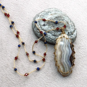 Handmade Mexican Natural Crazy Lace Agate Beautiful Macrame Gemstone Necklace - Picture 1 of 9