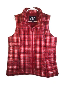 Lands' End Puffer Down Vest Red Plaid Women's Size Large 14-16 - Picture 1 of 14