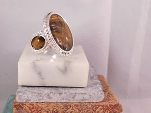 Anillo de tres piedras hecho a mano de 25 mm x 33 mm tallado ovalado ojo de tigre ojo de plata de ley - Imagen 1 de 7