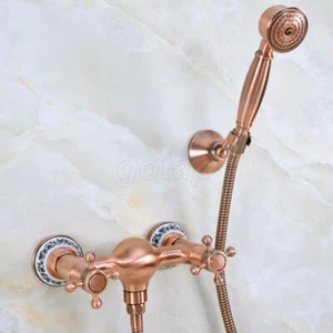 Red Copper Antique Dual Cross Handle Bath Shower Mixer Tap w /Hand Spray Gna294 - Picture 1 of 7