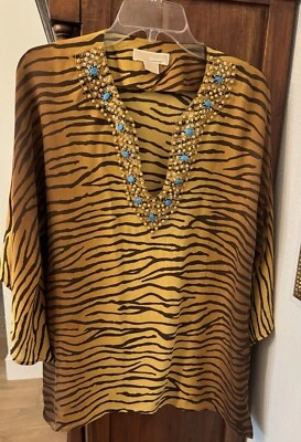Blusa para mujer Michael Kors de seda con cuentas medianas vintage estampado de tigre Foto 1 de 4