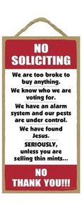 NO SOLICITING Humorous Primitive Wood Hanging Sign 5" x 10" - Picture 1 of 1