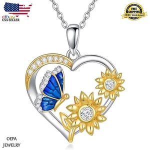925 Sterling Silver Butterfly Sunflower Heart Necklace Gifts for Women Pendant - Picture 1 of 6