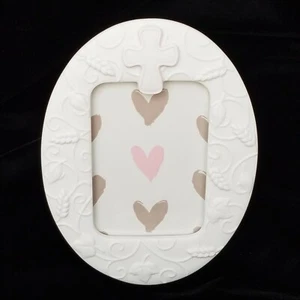 Russ Oval White Frame with Cross, Ivy, Wheat / Baby Christening Christian Friend - Picture 1 of 7