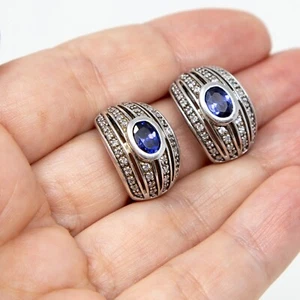 Vintage Blue & Clear CZ Sterling Silver Half Hoops Stud Earrings ADI 925 THAI CZ - Bild 1 von 12