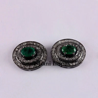 Pendientes de plata de ley 925 con diamantes y esmeraldas talla rosa natural joyería  Foto 1 de 4