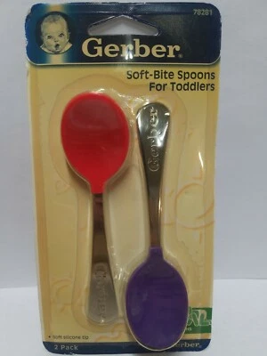 2 cucharas Gerber Soft-Bite para niños pequeños, bebés, bebés punta de silicona roja y púrpura Foto 1 de 2