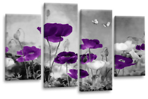 Floral Flower Rose Art Print Purple Grey Poppy Framed Split Canvas Picture