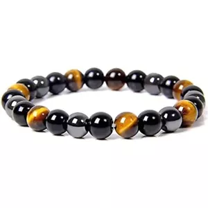 Triple Protection Gemstone Bracelet 8mm Tiger Eye Hematite Black Obsidian Stone - Picture 1 of 6