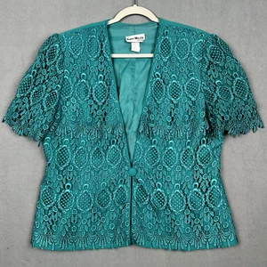VTG 80s Karen Miller Lace Dress Jacket Size 18 Green Peplum Crochet 1 Button USA - Picture 1 of 14