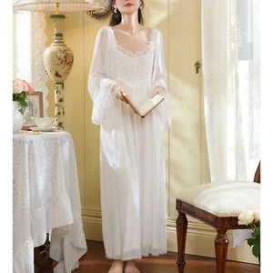 Womens Long Sleeve Padded Nightgown Lace Vintage Princess Tulle Soft Sleep Dress - Picture 1 of 18