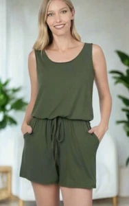 NEW Women S Solid Green Pocket Shorts Romper Summer  Jumpsuit Playsuit - Picture 1 of 5