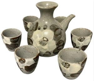 Oriental Vtg Tea Set Tea Pot 6 Cups graceful, Gray, white floral Japan - Picture 1 of 9