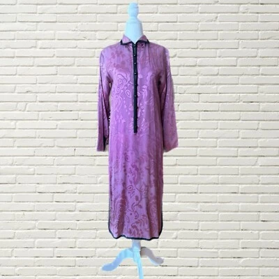 Vestido de seda vintage anos 70 SAINT LAURENT rosa roxo acabamento preto tamanho XS - Imagem 1 de 4