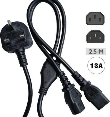 Y Splitter UK Mains Kettle Twin Power Lead IEC Connector to PC & Monitor - 2.5M - Image 1 of 4