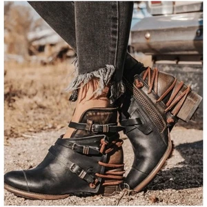Freebird Women’s Sz 10 Black Brown Leather Crue Ankle Boots Strappy Buckle - Picture 1 of 13