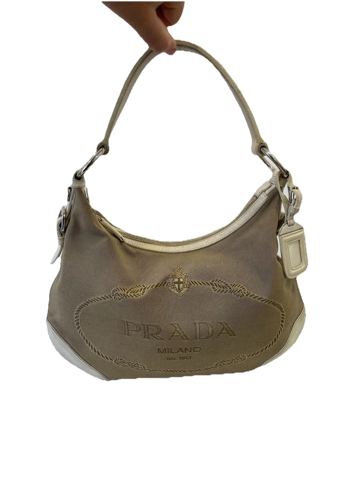 AS# Prada Beige Canvas and Leather Logo Jacquard Shoulder Bag Made in Italy - Image 1 of 4