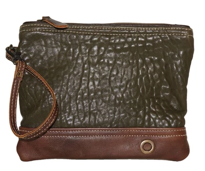 MYRA BAGS Small Juniper Green & Rustic Brown Leather Wristlet Pouch 7x9 - Image 1 of 4