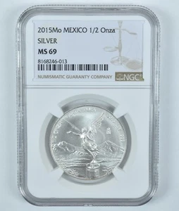 2015 Mo Mexico 1/2 Onza Silver Libertad MS69 NGC Brown Label - Picture 1 of 5