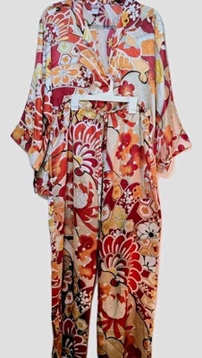 Natori Geisha Print Satin 2-Piece Pajama Set Top L & Pants XL Floral - Image 1 of 4