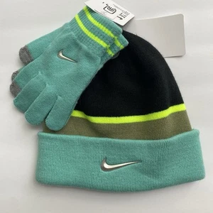 NWT Nike Youth 2-Piece Winter Hat And Gloves Set, Black, Yellow, Brow, Aqua - Picture 1 of 9