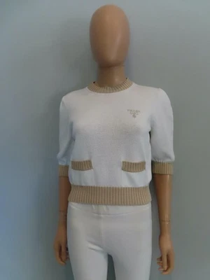 NWT PRADA White/Beige Cotton Short Sleeve Crewneck Sweater  38/US2 - Image 1 of 4