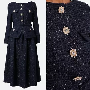 ABITO MIDI BOUCLE Lame metallizzato blu navy autoritratto UK12 US 8 - Foto 1 di 12