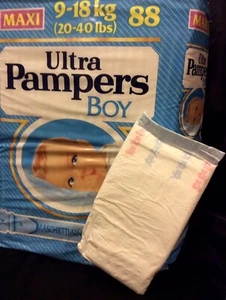 Vintage Ultra Pampers Diaper for Boys Plastic Backed Sz Large up to 40lbs - Picture 1 of 5