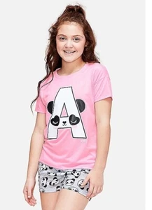 New 2pc Justice Panda Bear Initial A D F J T Pajama Shorts Set PJS Sz 6 7 10 NWT - Picture 1 of 10